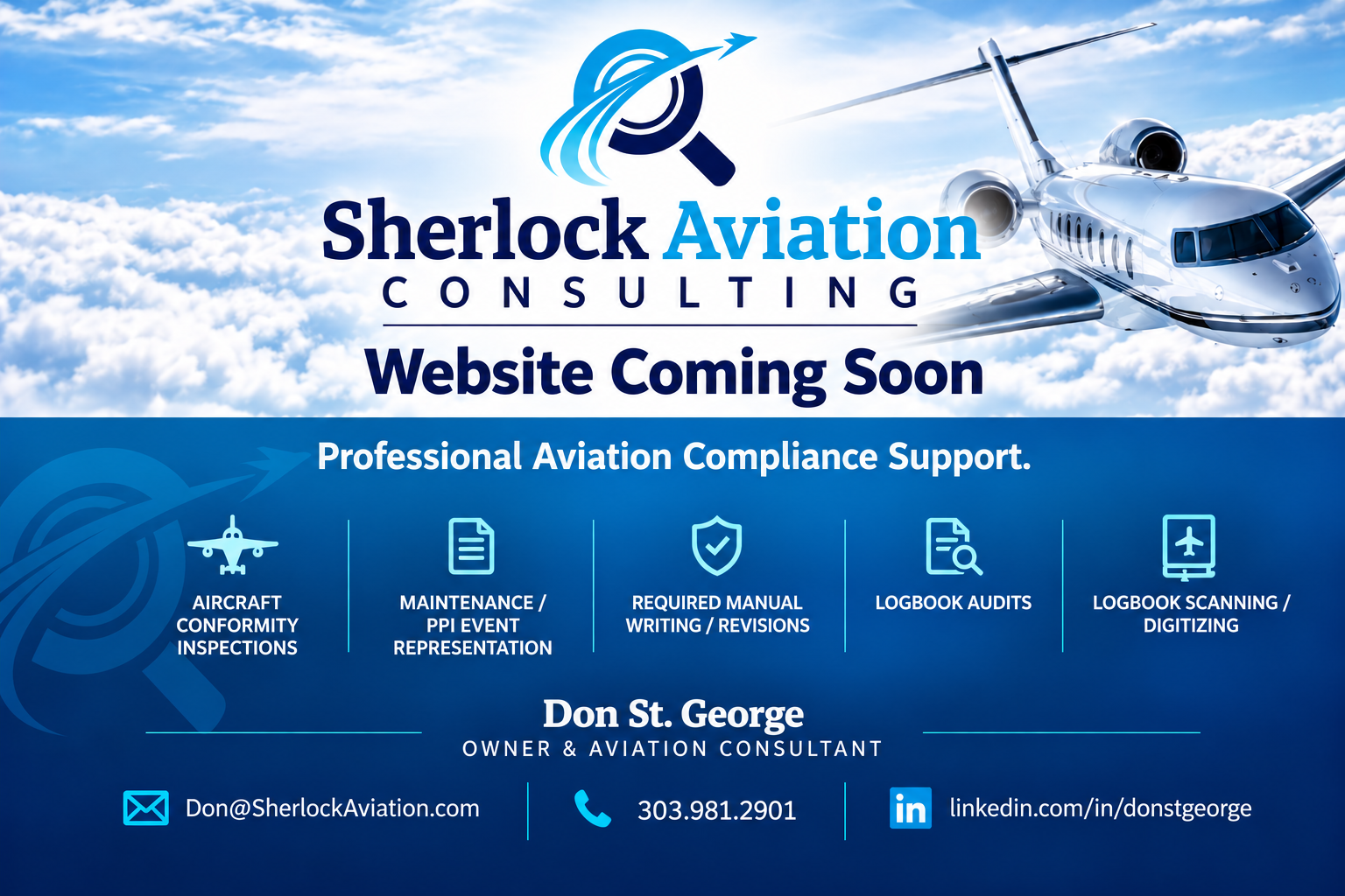 Sherlock Aviation Consulting coming-soon design with aircraft, magnifying-glass logo, aviation compliance services, and contact information